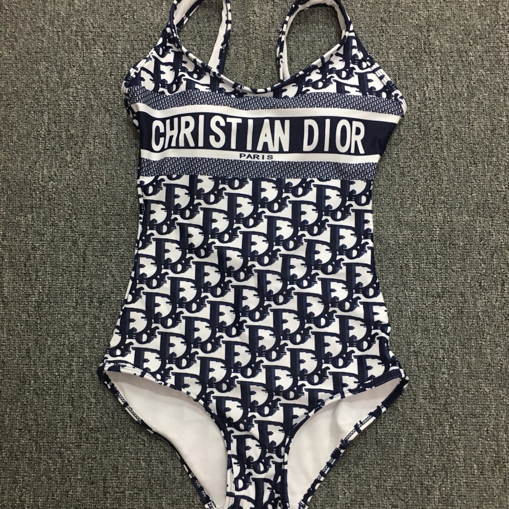 Dior Navy and White Christian Dior Logo One-Piece Swimsuit